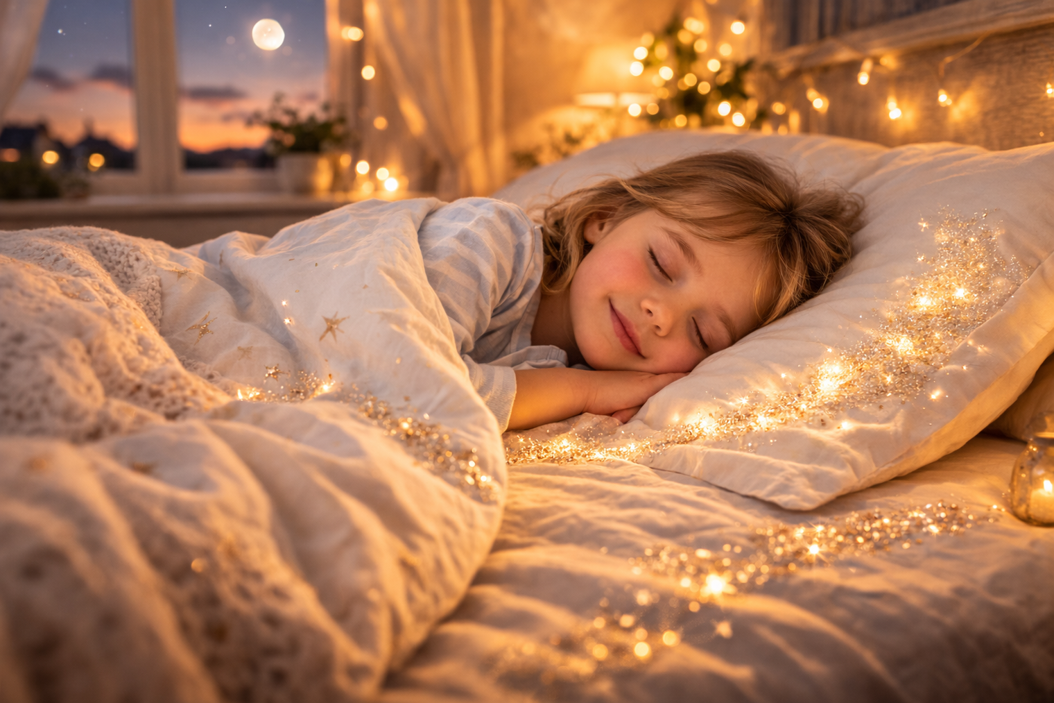 A peaceful tooth fairy night scene: a sleeping child in a cosy bed with warm fairy lights and a subtle glitter trail on the pillow.