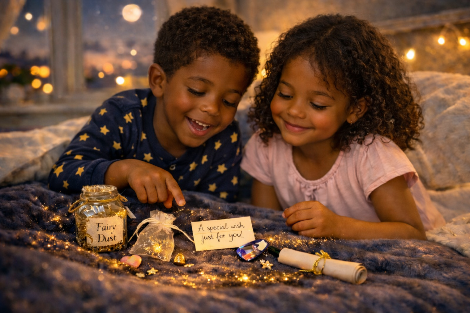 little boy and girl looking at tooth fairy gifts