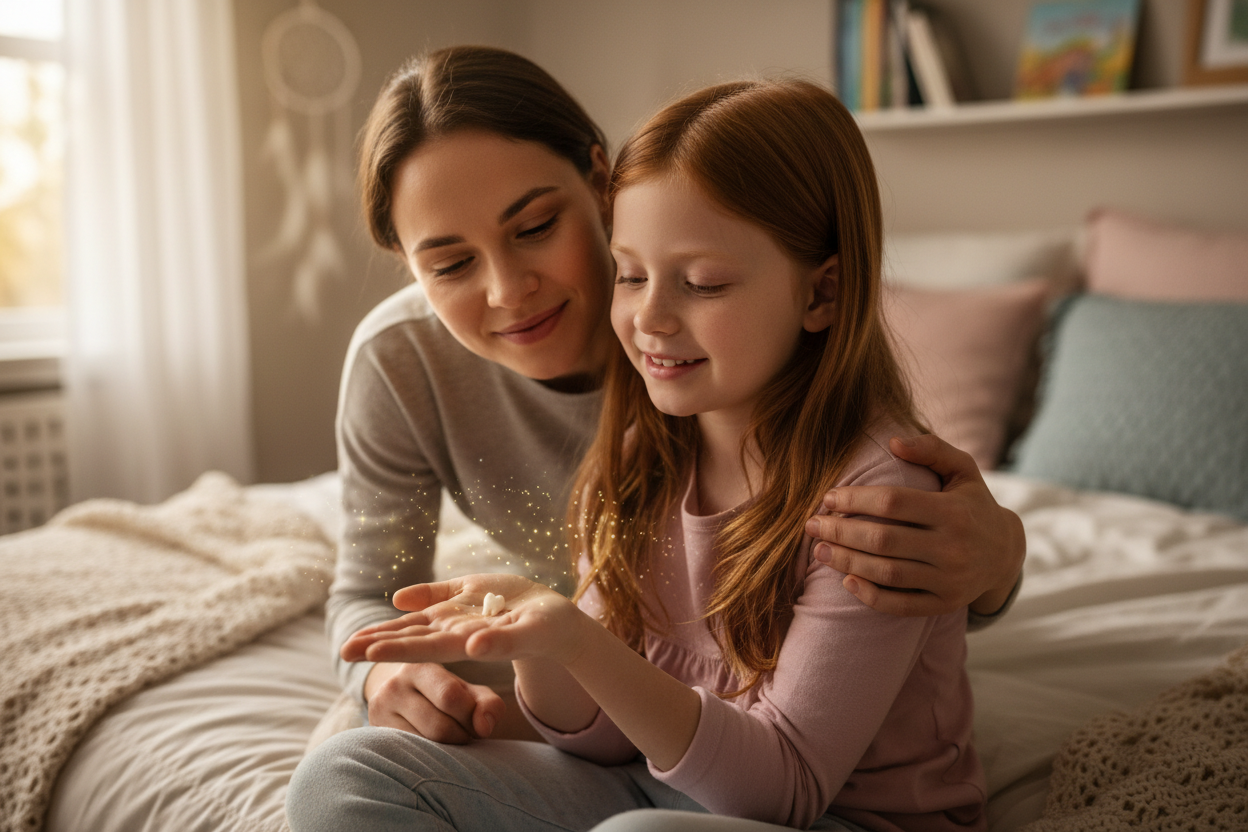 5 Ways to Make Losing a Tooth Less Scary - Mom and Girl holding a sparkly baby tooth