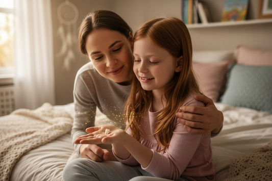 5 Ways to Make Losing a Tooth Less Scary - Mom and Girl holding a sparkly baby tooth
